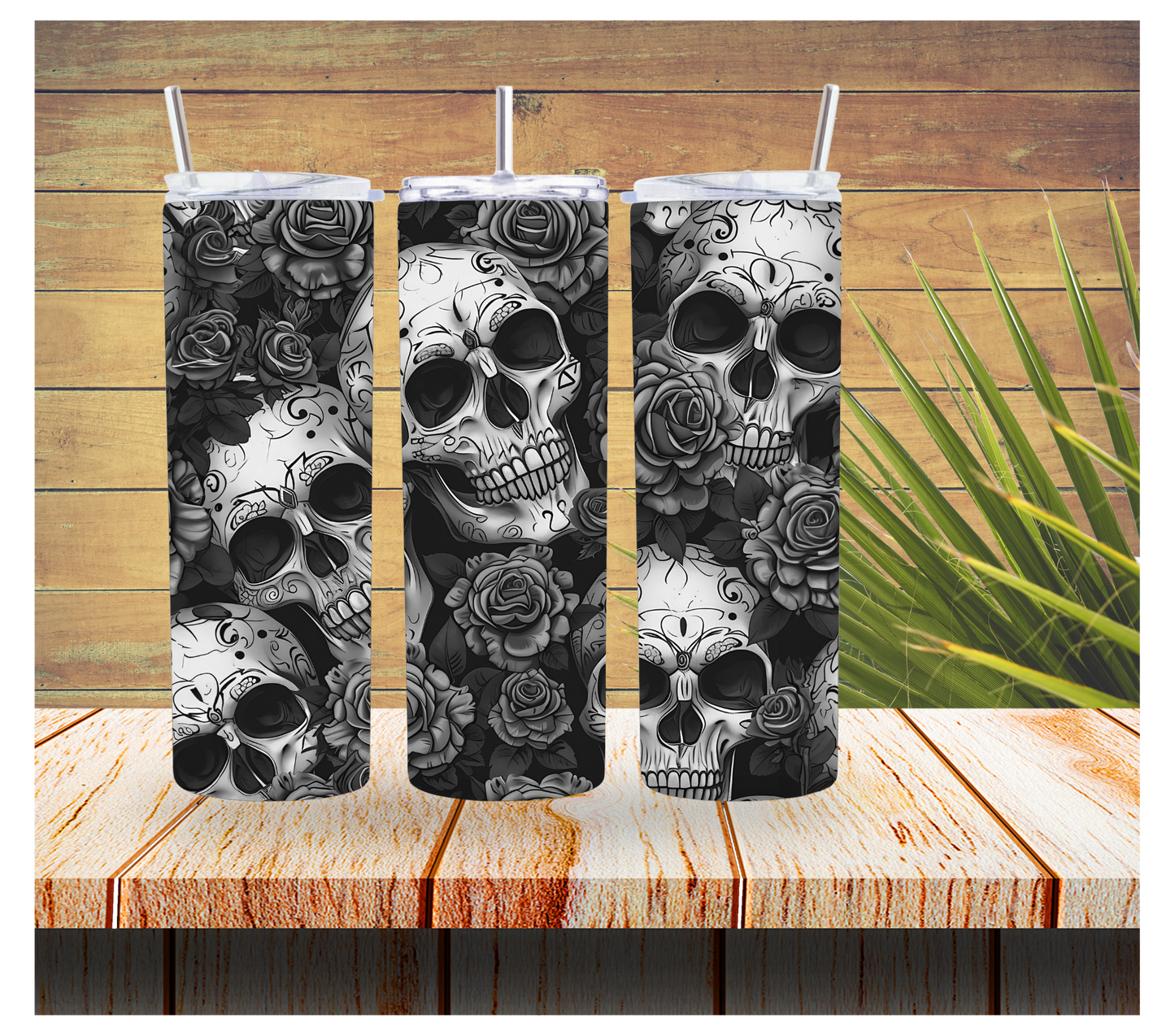 Skull and rose glow green in the dark.